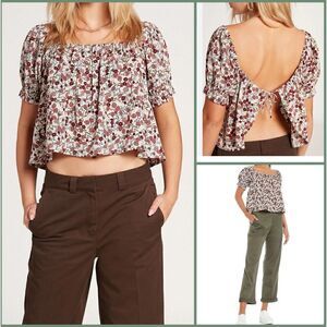 Volcom Groovy White & Mauve Pink Floral Print Off Shoulder Top